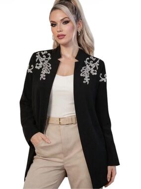 Nygard Black Open-front Long-lined Blazer w Grey & Silver Embroidered Shoulders